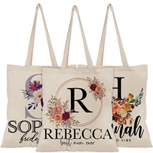 wedding canvas bag gift for bridesmaid - personalized floral tote bags w/name text - 8 designs - customized initial shoulder bag - custom bridal shower party bachelorette party gift for women girls c1
