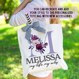 Wedding Canvas Bag Gift for Bridesmaid - Personalized Floral Tote Bags w/Name Text - 8 Designs - Customized Initial Shoulder Bag - Custom Bridal Shower Party Bachelorette Party Gift for Women Girls C1