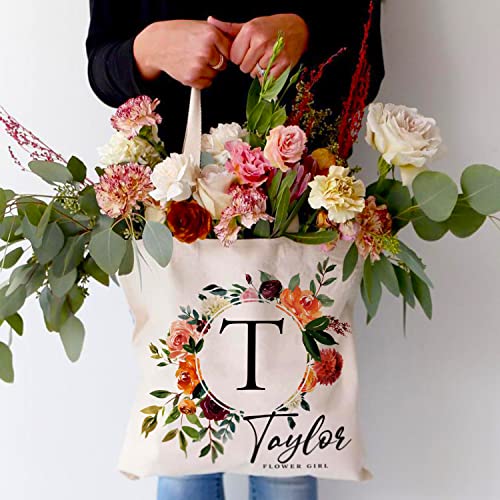 Wedding Canvas Bag Gift for Bridesmaid - Personalized Floral Tote Bags w/Name Text - 8 Designs - Customized Initial Shoulder Bag - Custom Bridal Shower Party Bachelorette Party Gift for Women Girls C1