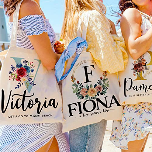 Wedding Canvas Bag Gift for Bridesmaid - Personalized Floral Tote Bags w/Name Text - 8 Designs - Customized Initial Shoulder Bag - Custom Bridal Shower Party Bachelorette Party Gift for Women Girls C1