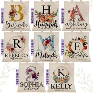 Wedding Canvas Bag Gift for Bridesmaid - Personalized Floral Tote Bags w/Name Text - 8 Designs - Customized Initial Shoulder Bag - Custom Bridal Shower Party Bachelorette Party Gift for Women Girls C1