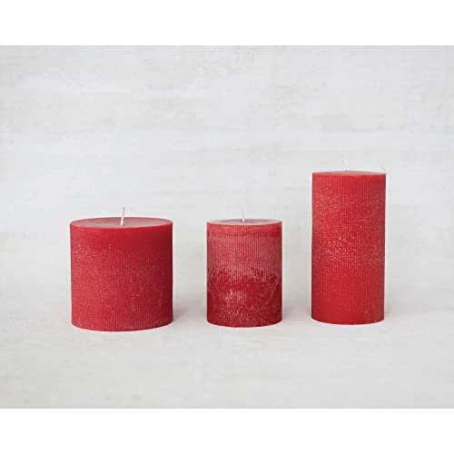 Unscented Pleated Pillar Candle in Powder Finish, Red