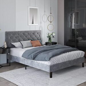 HOMBCK Upholstered Bed Frame Full with Velvet Button Tufted & Nailhead Trim Headboard, Full Bed Frame No Box Spring Needed, Wooden Slats Support, Mattress Foundation, Easy Assembly, Grey