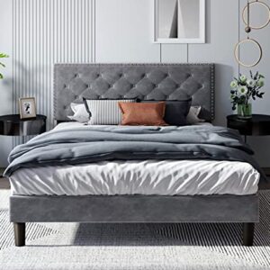 HOMBCK Upholstered Bed Frame Full with Velvet Button Tufted & Nailhead Trim Headboard, Full Bed Frame No Box Spring Needed, Wooden Slats Support, Mattress Foundation, Easy Assembly, Grey