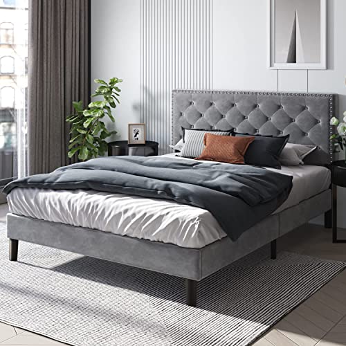 HOMBCK Upholstered Bed Frame Full with Velvet Button Tufted & Nailhead Trim Headboard, Full Bed Frame No Box Spring Needed, Wooden Slats Support, Mattress Foundation, Easy Assembly, Grey