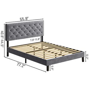 HOMBCK Upholstered Bed Frame Full with Velvet Button Tufted & Nailhead Trim Headboard, Full Bed Frame No Box Spring Needed, Wooden Slats Support, Mattress Foundation, Easy Assembly, Grey