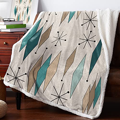 Sherpa Fleece Throw Blanket Mid Century Teal Prismatic Geometric Art Plush Warm Super Fuzzy Soft Blankets Vintage Diamond Print for Couch Bed Sofa Winter Decor 40x50In