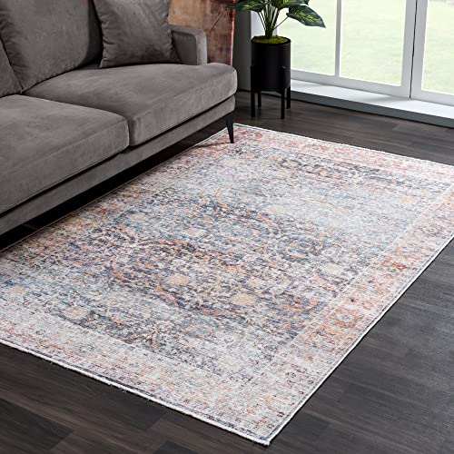 Bloom Rugs Caria Washable Non-Slip 9x12 Rug - Ocean Blue/Brick Area Rug for Living Room, Bedroom, Dining Room and Kitchen - Exact Size: 9' x 12'