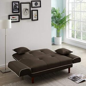 HLOLC Futon Sofa Bed with 2 Pillows, Loveseat Sleeper Sofa Convertible Futon Couch, Recliner Couch with Adjustable Armrest & Wood Legs, 5-Angle Backrest Living Room Sofa for Small Space (Brown)