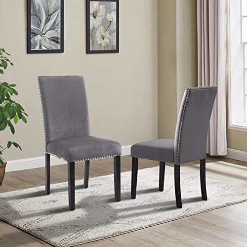 Roundhill Furniture Cobre Contemporary Velvet Dining Chair with Nailhead Trim, Set of Two, Gray