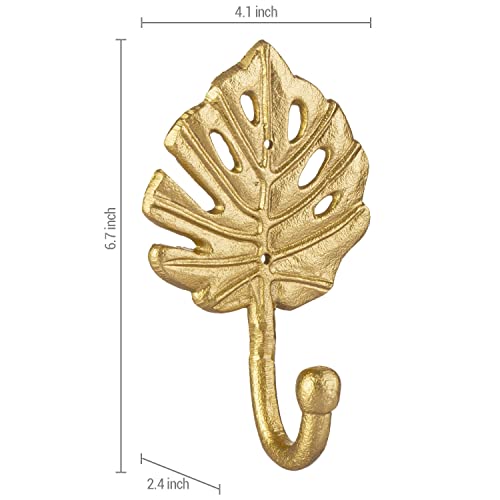 MyGift Vintage Gold Leaf Design Wall Hanging Hooks, Metal Monstera Leaves Wall Mounted Entryway Storage Coat Hooks, Set of 4 - Handcrafted in India