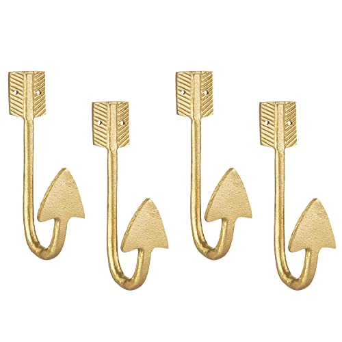 MyGift Handcrafted Vintage Gold Metal Wall Mounted Coat Hook with Arrow Shaped Design, Entryway Hanging Storage Hooks, Set of 4 - Made in India