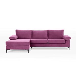 casa andrea milano modern large velvet fabric sectional sofa, l-shape couch with extra wide chaise lounge and black legs, purple