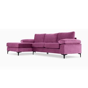 Casa Andrea Milano Modern Large Velvet Fabric Sectional Sofa, L-Shape Couch with Extra Wide Chaise Lounge and Black Legs, Purple