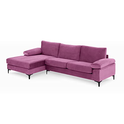 Casa Andrea Milano Modern Large Velvet Fabric Sectional Sofa, L-Shape Couch with Extra Wide Chaise Lounge and Black Legs, Purple