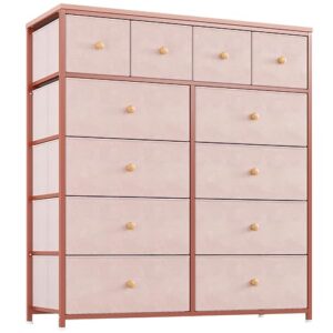 enhomee pink dresser for girls bedroom with 12 drawers, dresser for bedroom with sturdy metal frame and wooden top, bedroom dressers & chests of drawers for bedroom, nursery, closet, pink