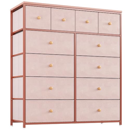 EnHomee Pink Dresser for Girls Bedroom with 12 Drawers, Dresser for Bedroom with Sturdy Metal Frame and Wooden Top, Bedroom Dressers & Chests of Drawers for Bedroom, Nursery, Closet, Pink