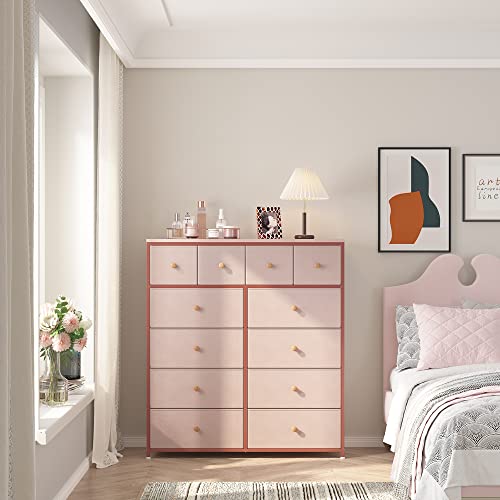 EnHomee Pink Dresser for Girls Bedroom with 12 Drawers, Dresser for Bedroom with Sturdy Metal Frame and Wooden Top, Bedroom Dressers & Chests of Drawers for Bedroom, Nursery, Closet, Pink