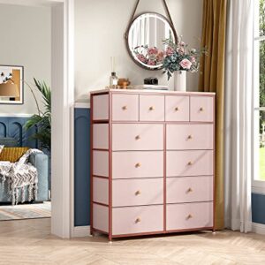 EnHomee Pink Dresser for Girls Bedroom with 12 Drawers, Dresser for Bedroom with Sturdy Metal Frame and Wooden Top, Bedroom Dressers & Chests of Drawers for Bedroom, Nursery, Closet, Pink