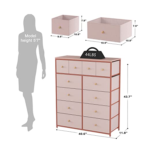 EnHomee Pink Dresser for Girls Bedroom with 12 Drawers, Dresser for Bedroom with Sturdy Metal Frame and Wooden Top, Bedroom Dressers & Chests of Drawers for Bedroom, Nursery, Closet, Pink