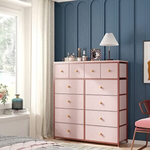 EnHomee Pink Dresser for Girls Bedroom with 12 Drawers, Dresser for Bedroom with Sturdy Metal Frame and Wooden Top, Bedroom Dressers & Chests of Drawers for Bedroom, Nursery, Closet, Pink