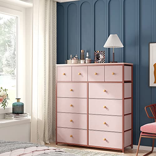 EnHomee Pink Dresser for Girls Bedroom with 12 Drawers, Dresser for Bedroom with Sturdy Metal Frame and Wooden Top, Bedroom Dressers & Chests of Drawers for Bedroom, Nursery, Closet, Pink