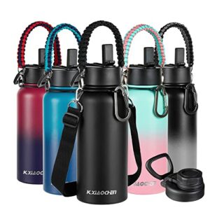 32 oz insulated water bottle with paracord handles & strap, 2 lids(straw lid&spout lid), stainless steel reusable wide mouth metal water bottle with straw, double walled, thermo mug(black)