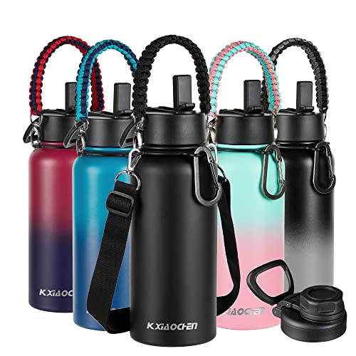 32 oz Insulated Water Bottle with Paracord Handles & Strap, 2 Lids(Straw Lid&Spout Lid), Stainless Steel Reusable Wide Mouth Metal Water Bottle With Straw, Double Walled, Thermo Mug(Black)