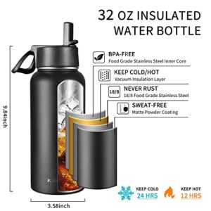 32 oz Insulated Water Bottle with Paracord Handles & Strap, 2 Lids(Straw Lid&Spout Lid), Stainless Steel Reusable Wide Mouth Metal Water Bottle With Straw, Double Walled, Thermo Mug(Black)