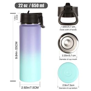 Volhoply 22 oz Insulated Water Bottles with Straw Lid, Stainless Steel Bottle with Handle, Double Walled Metal Travel Water Thermos with Wide Mouth, Reusable Water Flask for School(Purple Blue,1 Set)