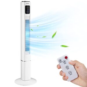 costway tower fan with remote control, 48-inch height standing floor fan with 80˚ oscillating, 15h timer, 3 modes & 3 speeds, portable quiet bladeless fan for bedroom living room office, white