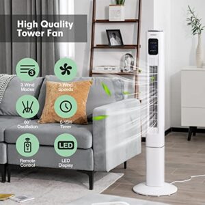 COSTWAY Tower Fan with Remote Control, 48-Inch Height Standing Floor Fan with 80˚ Oscillating, 15H Timer, 3 Modes & 3 Speeds, Portable Quiet Bladeless Fan for Bedroom Living Room Office, White