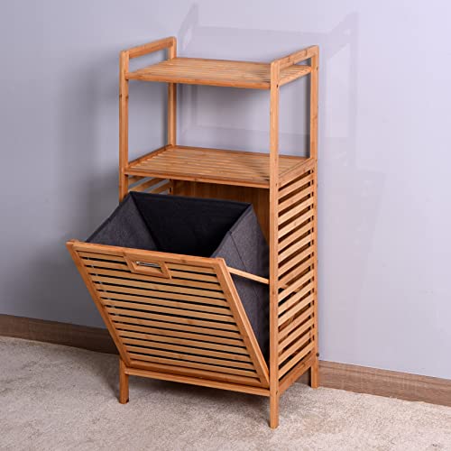 Floor Stand Bamboo Laundry Hamper Cabinet Organizer， Bathroom Storage Shelf Cabinet with Tilt Out Laundry Basket Dirty Clothes Bag for Laundry Room Bathroom Bedroom Closet