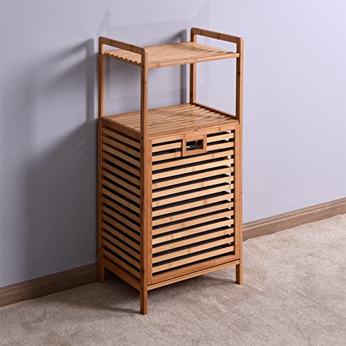 Floor Stand Bamboo Laundry Hamper Cabinet Organizer， Bathroom Storage Shelf Cabinet with Tilt Out Laundry Basket Dirty Clothes Bag for Laundry Room Bathroom Bedroom Closet