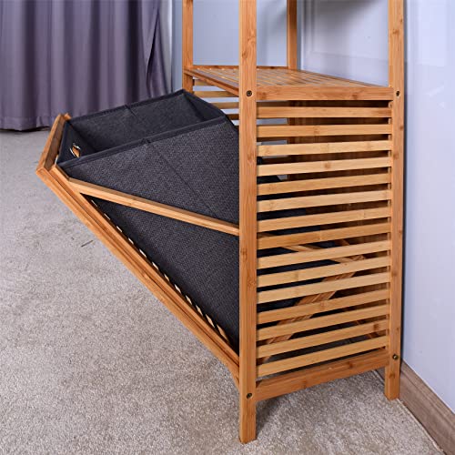 Floor Stand Bamboo Laundry Hamper Cabinet Organizer， Bathroom Storage Shelf Cabinet with Tilt Out Laundry Basket Dirty Clothes Bag for Laundry Room Bathroom Bedroom Closet