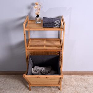 Floor Stand Bamboo Laundry Hamper Cabinet Organizer， Bathroom Storage Shelf Cabinet with Tilt Out Laundry Basket Dirty Clothes Bag for Laundry Room Bathroom Bedroom Closet