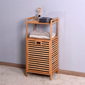 Floor Stand Bamboo Laundry Hamper Cabinet Organizer， Bathroom Storage Shelf Cabinet with Tilt Out Laundry Basket Dirty Clothes Bag for Laundry Room Bathroom Bedroom Closet