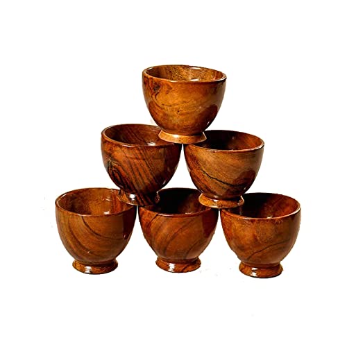 Wooden Small Bowls - 100% Natural Food Grade Acacia Wooden Serving Bowls for Condiments, Dip Sauce, Ketchup, Jam, Nuts, Rice, Soup, Prep, Olive - Round Wooden Brown Bowl (Set of 6)