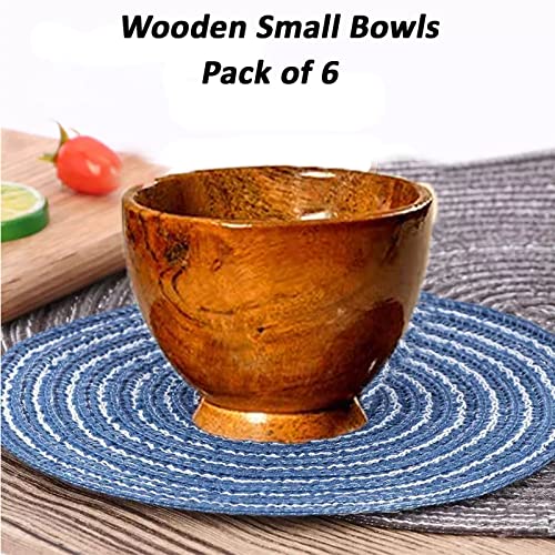 Wooden Small Bowls - 100% Natural Food Grade Acacia Wooden Serving Bowls for Condiments, Dip Sauce, Ketchup, Jam, Nuts, Rice, Soup, Prep, Olive - Round Wooden Brown Bowl (Set of 6)