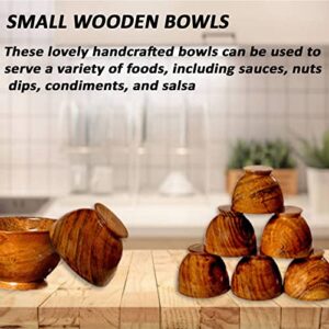 Wooden Small Bowls - 100% Natural Food Grade Acacia Wooden Serving Bowls for Condiments, Dip Sauce, Ketchup, Jam, Nuts, Rice, Soup, Prep, Olive - Round Wooden Brown Bowl (Set of 6)