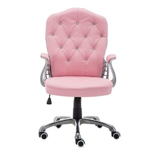 pu leather mid back office chair, ergonomic swivel chair, lounge chair, delicate rhinestone inlay, with fixed armrests, adjustable height,rolling wheels (pink)