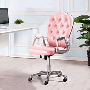 PU Leather Mid Back Office Chair, Ergonomic Swivel Chair, Lounge Chair, Delicate Rhinestone Inlay, with Fixed Armrests, Adjustable Height,Rolling Wheels (Pink)