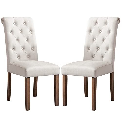 COLAMY Tufted Dining Chairs Set of 2, Accent Parsons Diner Chairs Upholstered Fabric Dining Room Chairs Side Chair Stylish Kitchen Chairs with Solid Wood Legs and Padded Seat - Beige/White