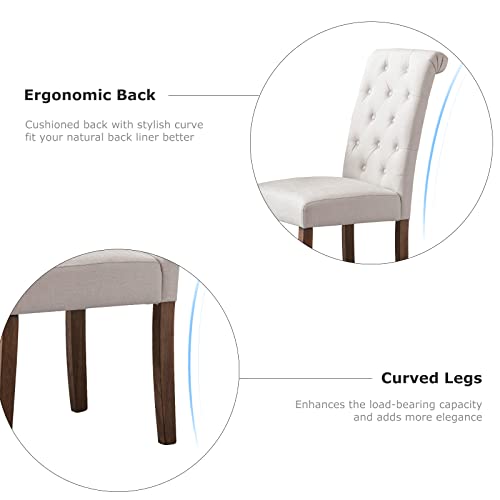 COLAMY Tufted Dining Chairs Set of 2, Accent Parsons Diner Chairs Upholstered Fabric Dining Room Chairs Side Chair Stylish Kitchen Chairs with Solid Wood Legs and Padded Seat - Beige/White