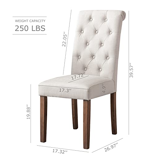 COLAMY Tufted Dining Chairs Set of 2, Accent Parsons Diner Chairs Upholstered Fabric Dining Room Chairs Side Chair Stylish Kitchen Chairs with Solid Wood Legs and Padded Seat - Beige/White