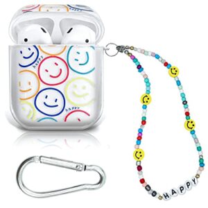 koujaon airpods case cover clear airpod case soft tpu protective cover for airpods 2 & 1 charging case with bracelet lanyard wrist strap (smiley face)