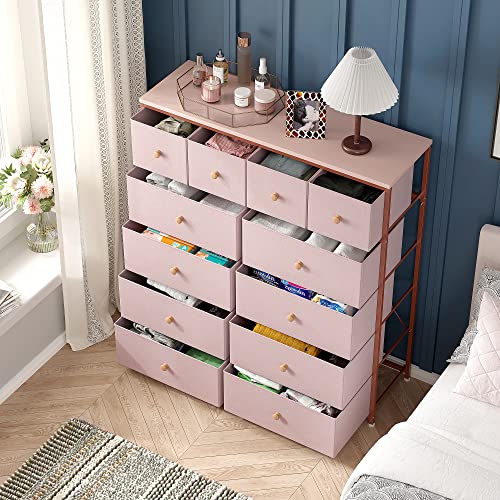 EnHomee Pink Dresser for Girls Bedroom with 12 Drawers Girls Dressers for Bedroom Pink Chest of Drawers with Wood Top, Metal Frame, Tall Dressers for Bedroom, Closet, Nursery, Living Room Pink