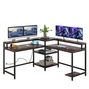 tiyase l shaped desk with power outlet and usb port, 59 in l-shaped computer corner desk with storage shelves, home office desk workstation with monitor stand, tower shelf, rustic brown