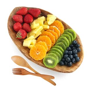 kanhaom hand-carved wooden dish, solid wood party platter and appetizer display, serving tray for fruit, natural root catchall storage for ring, jewelry, vintage rustic bowl for decor (11-13in)