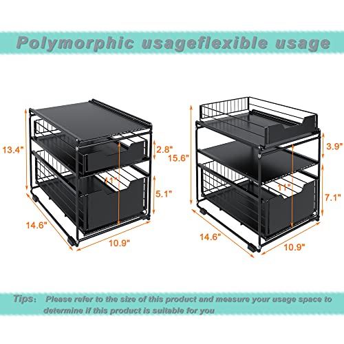 GCWPINFO Pull Out Cabinet Organizer,2-Tier Sliding Drawers Basket Under Cabinet Storage, Multi-Purpose Under Cabinet Organizer with Sliding Drawers Basket,for Kitchen, Bathroom, Office and More.